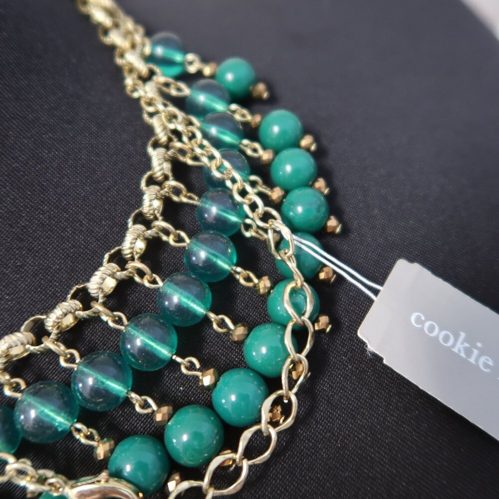 NWT Cookie Lee Statement Necklace Green Beads Gold Tone Chain